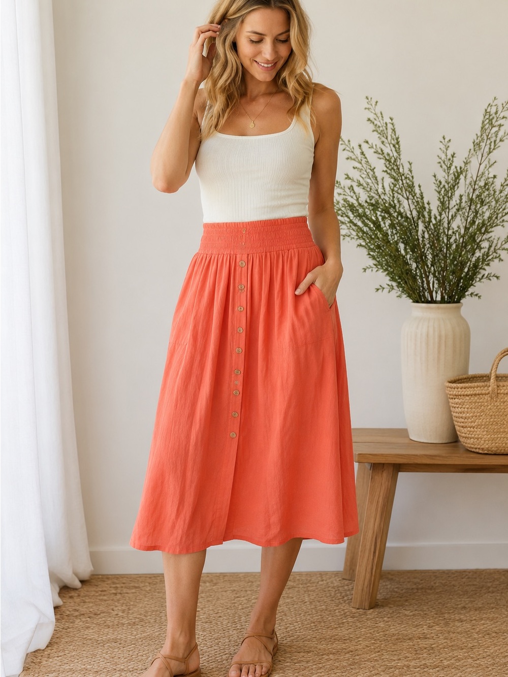 Madewell Coral Gauze Midi Skirt XXS Coastal Vacation Boho Cottagecore